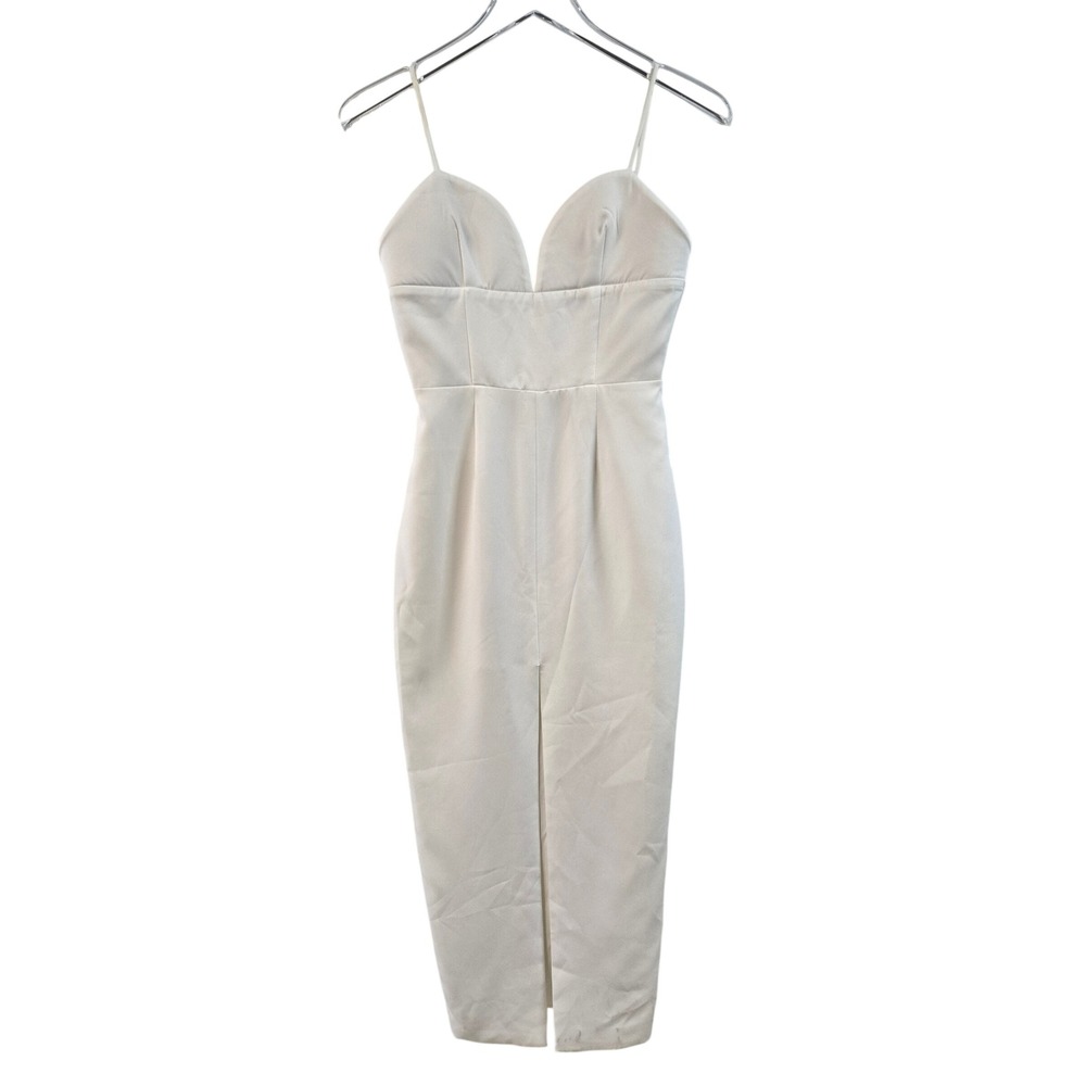 ALIEVA White Deep V-Neck Spaghetti Strap Midi Dress‎ XS Bodycon Front Slit
